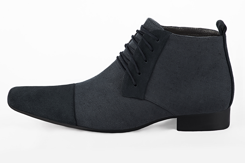  and denim blue dress ankle boots for men. Square toe. Flat leather soles. Profile view - Florence KOOIJMAN